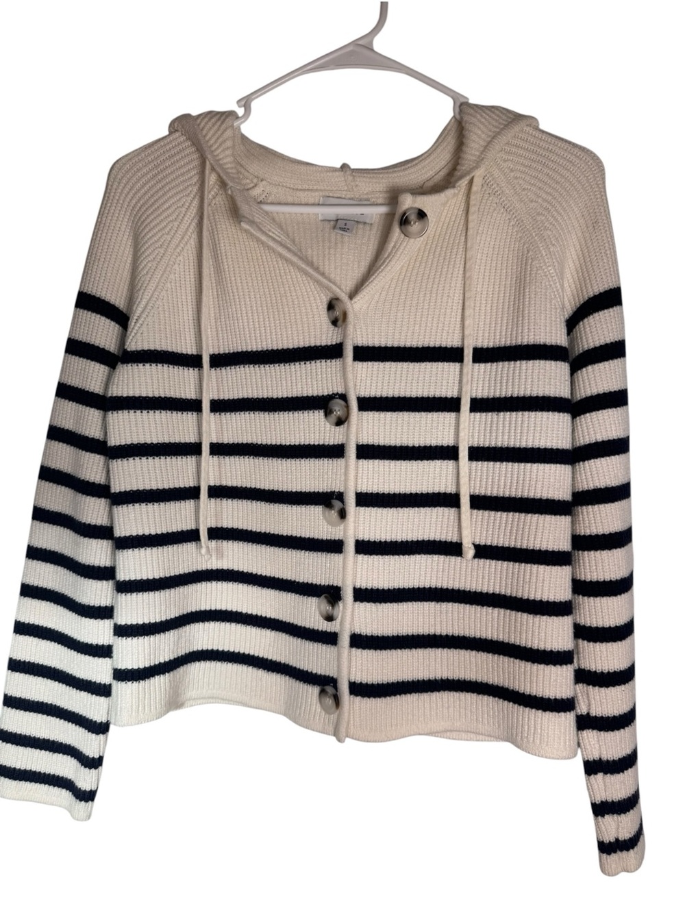 Evereve Cream & Navy Striped Hooded Button Up Small Cardigan